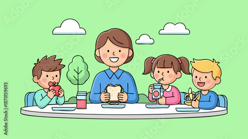 Teacher and children enjoying snack time together.