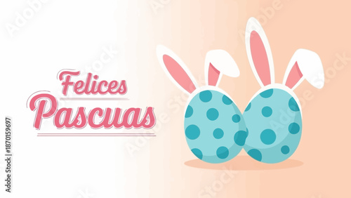 Happy Easter Greeting with Cute Eggs and Bunny Ears on Pastel Background