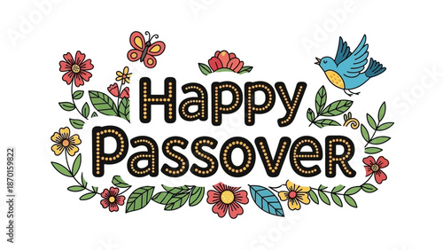 Happy Passover Greeting with Flowers, Leaves, Butterfly and Bird Illustration