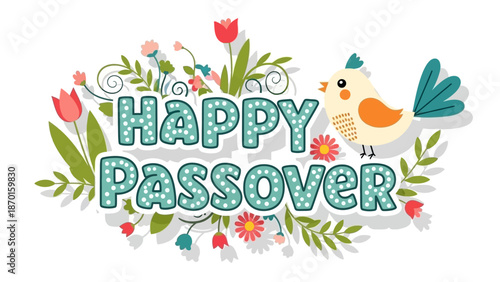 Happy Passover Greeting with Spring Flowers and Cute Bird Illustration