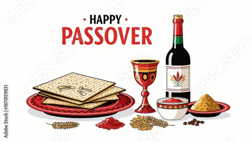 Happy Passover Greeting with Matzah, Wine, and Traditional Symbols