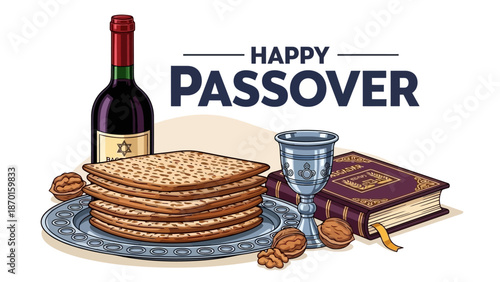 Happy Passover Celebration Symbols with Matzah, Wine, and Haggadah