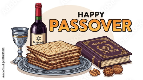 Happy Passover Celebration Symbols: Matzah, Wine, and Haggadah Book