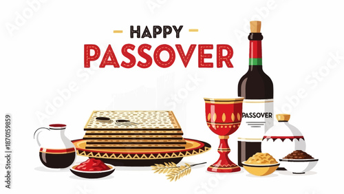 Happy Passover Celebration with Traditional Food, Wine, and Matzah