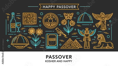 Happy Passover Holiday Symbols and Elements in Flat Design, Kosher and Happy