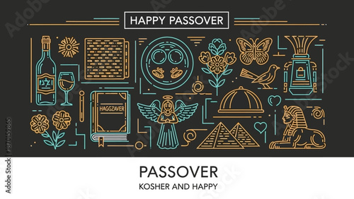 Happy Passover Symbols and Elements Art Illustration on Dark Background