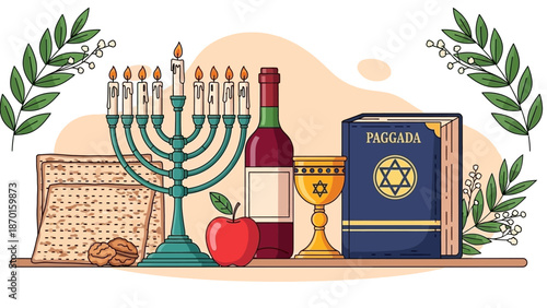 Passover Seder Symbols: Matzah, Menorah, Wine, Haggadah, and