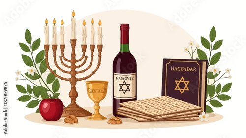 Passover Symbols: Menorah, Matzah, Wine, Haggadah,, and Walnuts