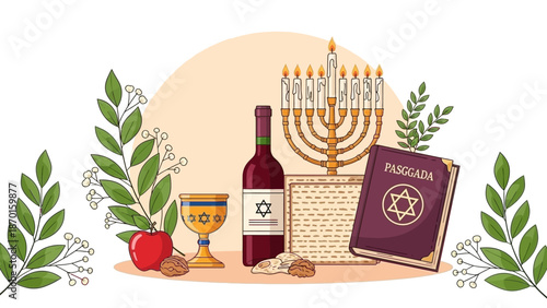 Passover Seder Plate Elements: Matzah, Wine, Menorah,, and Haggadah Book