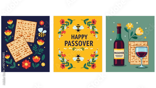 Happy Passover Celebration with Matzah, Wine, and Flowers - Trio Illustration