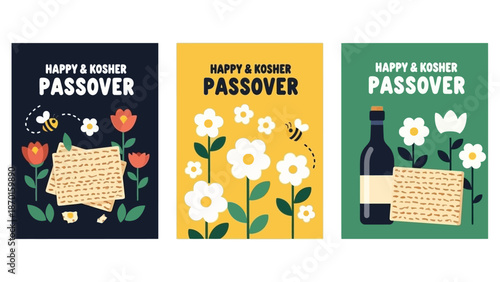 Happy and Kosher Passover celebration with matzah, wine, and bees on festive backgrounds