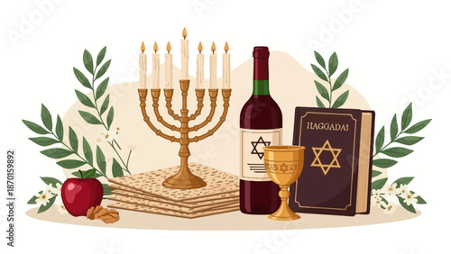 Passover Seder Table Setting with Matzah, Wine, Haggadah, and Menorah