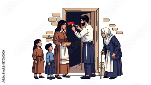 Family Gathering for a Traditional Ritual Outside a House Entrance