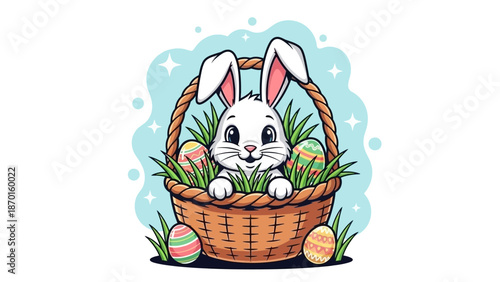 Cute Easter Bunny Peeking from Wicker Basket Filled with Eggs and Grass