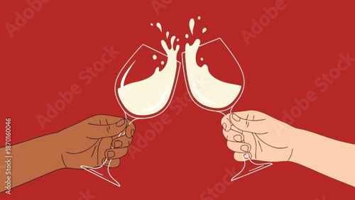 Diverse Hands Clinking Wine Glasses, Celebrating Together with White Wine Splash