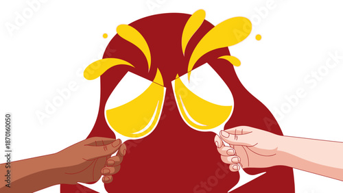 Celebration Toast with Two Hands Clinking Wine Glasses Filled with Yellow Liquid