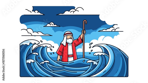 Biblical man with staff parting sea waters, symbolizing divine intervention and faith