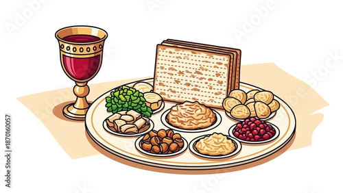 Seder Plate with Matzah and Wine Goblet for Passover Celebration, Illustration