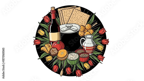 Passover Seder Plate with Matzah, Wine, and Spring Tulips arranged in a circle