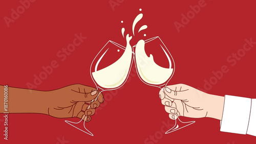 Diverse hands clinking wine glasses with white wine splashing, celebrating together