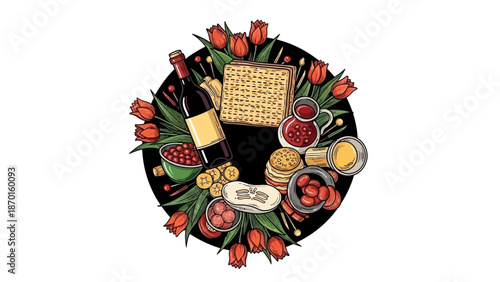 Passover Seder Plate with Matzah, Wine, and Spring Tulips Arrangement