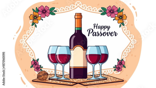 Happy Passover illustration with wine bottle, glasses, matzah and flowers