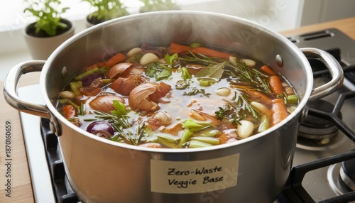 Homemade Vegetable Broth Simmering Zero-Waste Cooking. Stock from Leftover Scraps. Stainless Pot on Gas Stove. Healthy Vegetarian Nutrition, Close-up