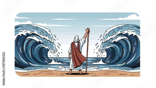 Man with Staff Parts Raging Ocean Waves on Beach, Religious Scene Illustration