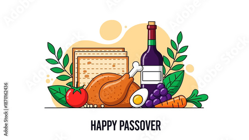 Happy Passover Seder Plate Food Items with Wine and Matzah, Traditional Jewish Holiday Symbols
