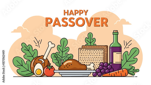 Happy Passover Greeting with Traditional Food, Wine, and Matzah Illustration