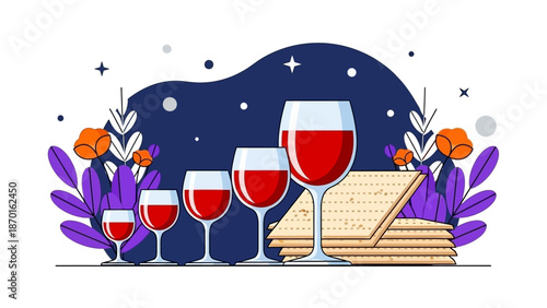 Row of Wine Glasses and Matzah on a Festive Night Background with Flowers