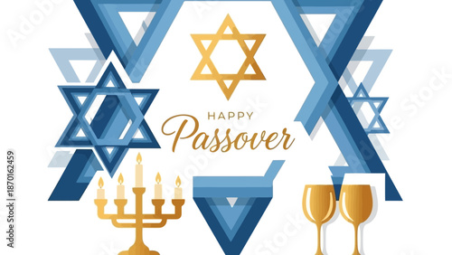 Happy Passover Greeting with Stars of David, Menorah, and Wine Glasses