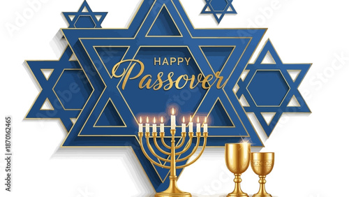 Happy Passover Celebration with Star of David, Menorah, and Wine Goblets