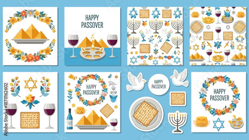 Happy Passover Celebration Elements: Matzah, Wine, Pyramids, Menorah, and Floral Wreaths