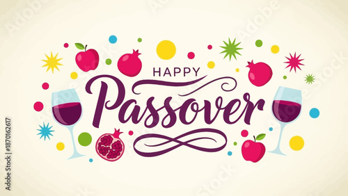 Happy Passover Greeting with Festive Symbols and Wine Glasses, Cultural Celebration