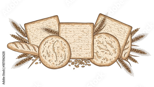 Assortment of Unleavened Bread and Wheat Ears, Matzah and Round Flatbreads