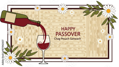 Happy Passover Greeting with Wine Pouring into Glass and Matzah Background
