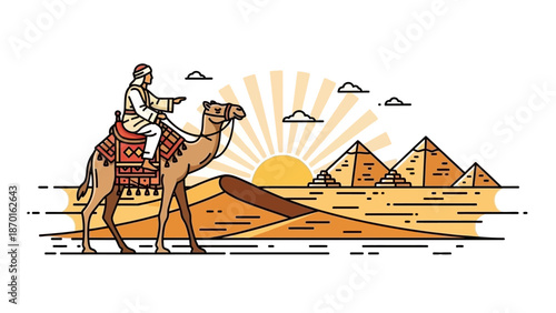 Illustrative Egyptian Desert Landscape with Camel Caravan and Pyramids at Sunrise