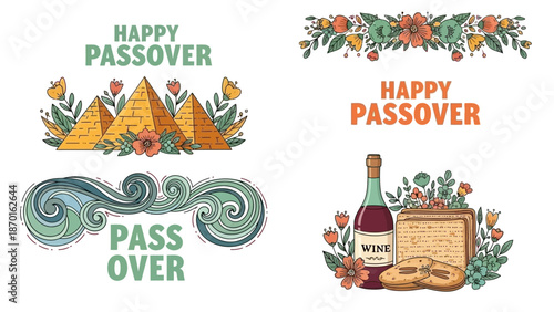 Happy Passover Illustrations Featuring Pyramids, Wine, Matzah, and Floral Elements