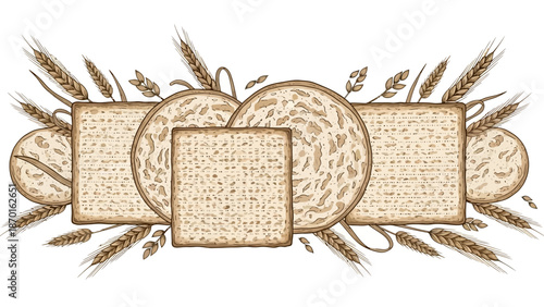 Matzah and Wheat Stalks Garland Illustration for Jewish Holiday Celebration