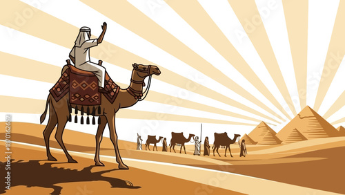 Caravan of Camels and Travelers in Desert Towards Pyramids at Sunrise