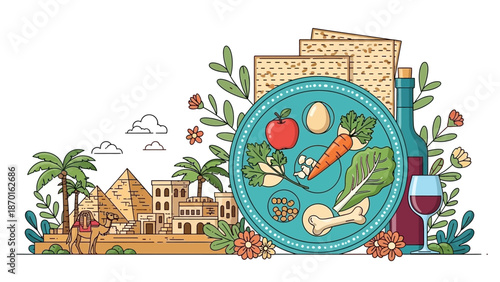 Passover Seder Plate with Matzah, Wine, and Egyptian Landscape Background