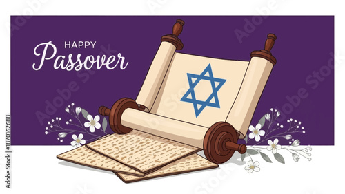 Happy Passover Greeting with Torah Scroll, Matzah, and Star of David on Purple