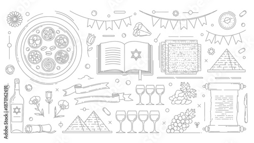 Passover Seder Symbols and Elements Linear Illustration on White Background