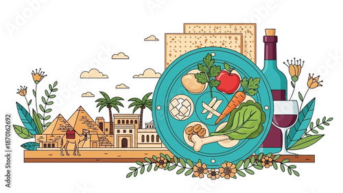 Passover Seder Plate with Symbols, Matzah, Wine, and Egyptian Pyramids Background