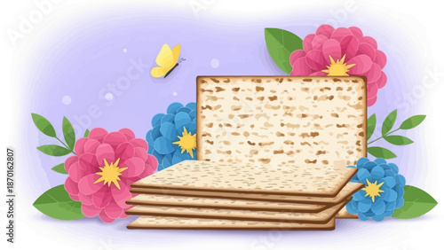 Passover Matzah Stack with Flowers and Butterfly for Jewish Holiday Celebration