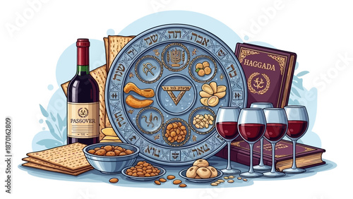 Passover Seder Plate, Matzah, Wine, and Haggadah for Jewish Holiday Celebration