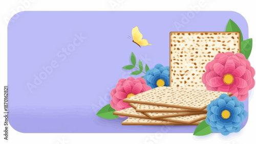 Passover Matzah with Spring Flowers and Butterfly on Light Purple Background