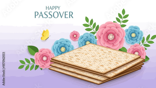 Happy Passover Greeting with Matzah, Flowers, and Butterfly on Purple Background