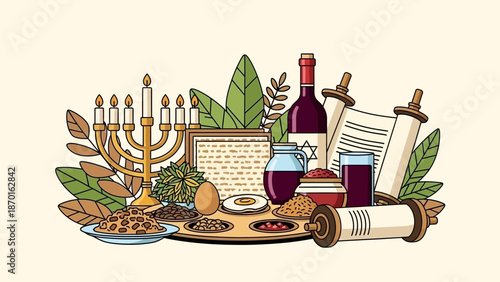 Passover Seder Plate Items, Matzah, Wine, and Torah Scroll Illustration